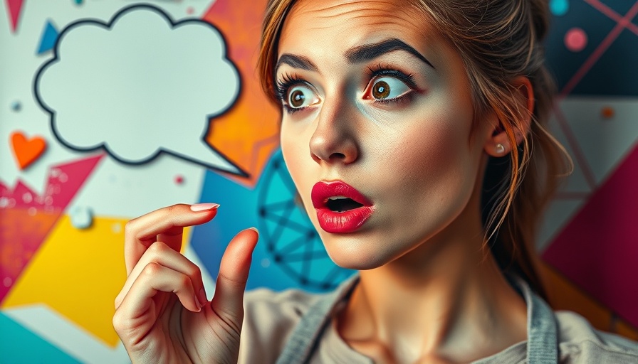 Creative collage with surprised woman and thought bubble, exploring communication.