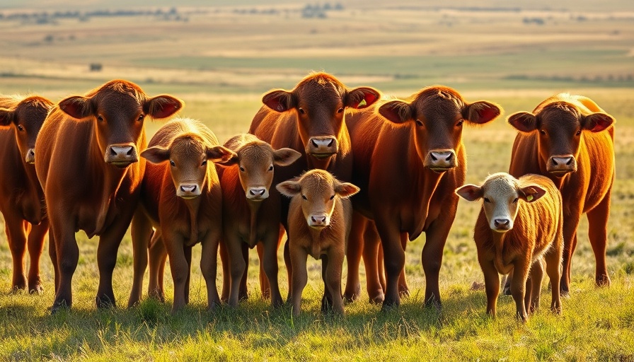 Red cattle in a grassy pasture relating to foot-and-mouth disease vaccine.