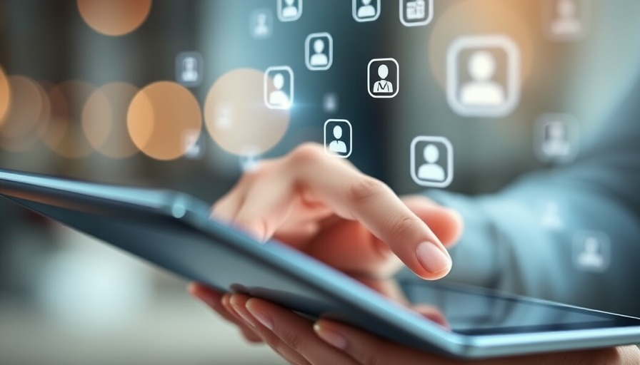 Hand engaging with tablet in virtual community setting.