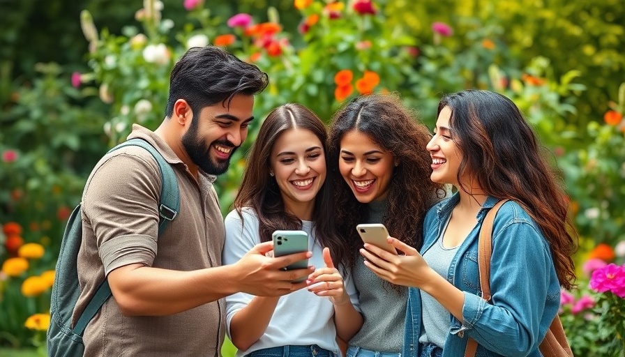 Friends enjoying a moment outside on phone, lush garden background.