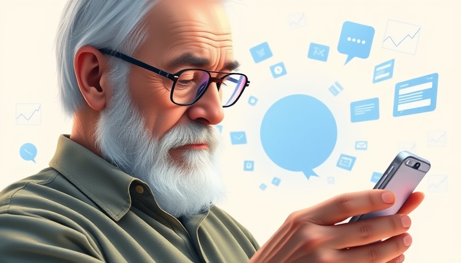 Content Marketing Trends for MedSpas: Elderly man using smartphone with marketing graphics.