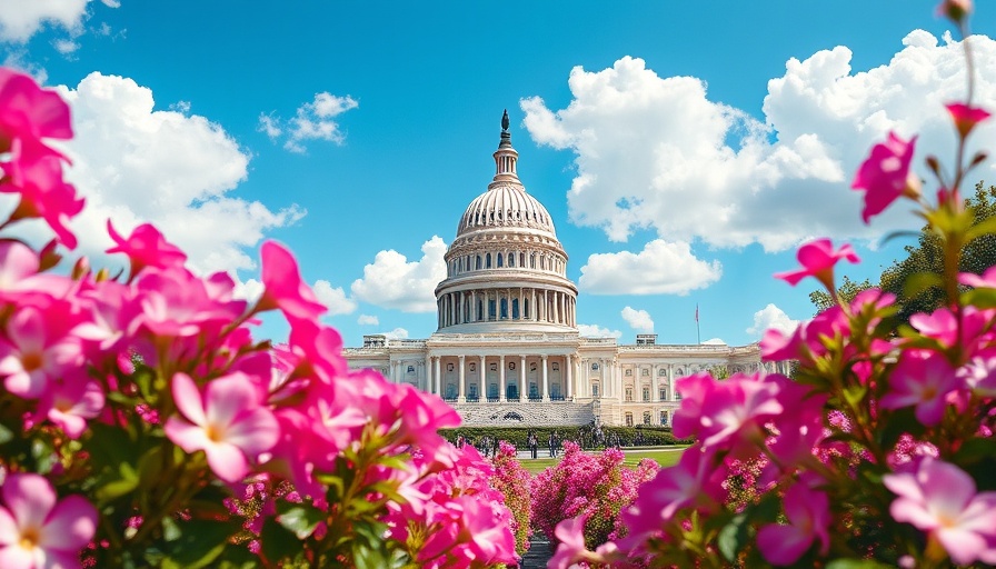 Capitol building surrounded by vibrant flowers, bright day.