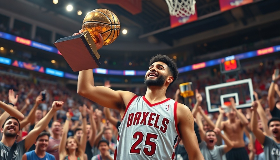 Celebration of basketball victory with trophy and cheering crowd.