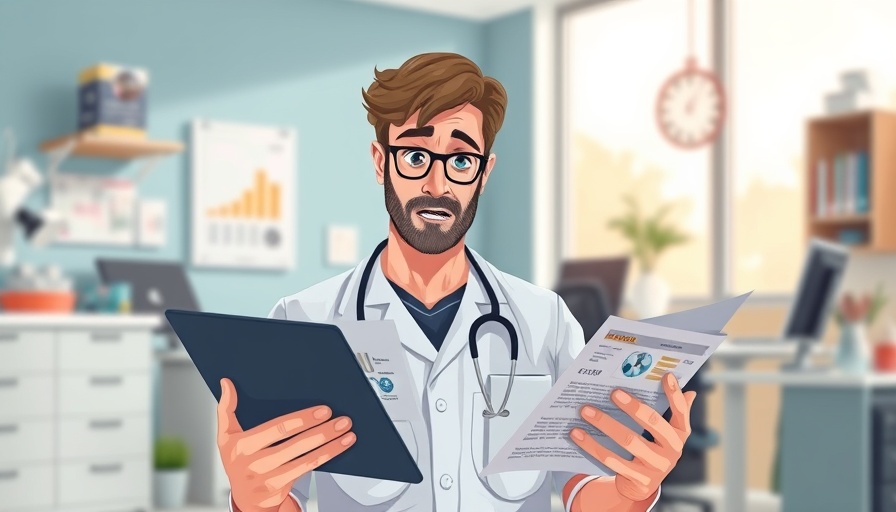 Veterinarian reading online reviews in clinic, concerned about fake AI reviews.