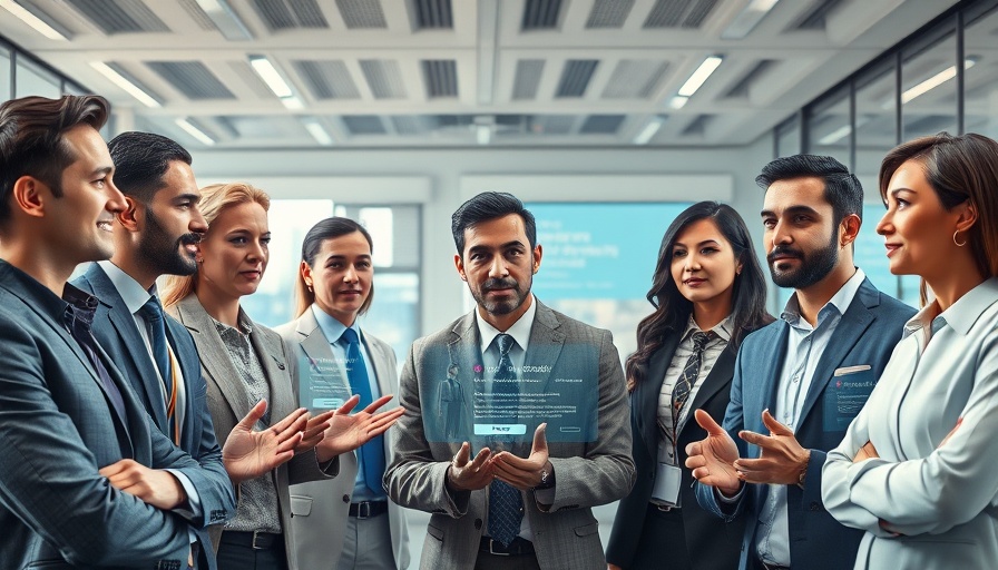 AI professionals discussing digital solutions in modern office.
