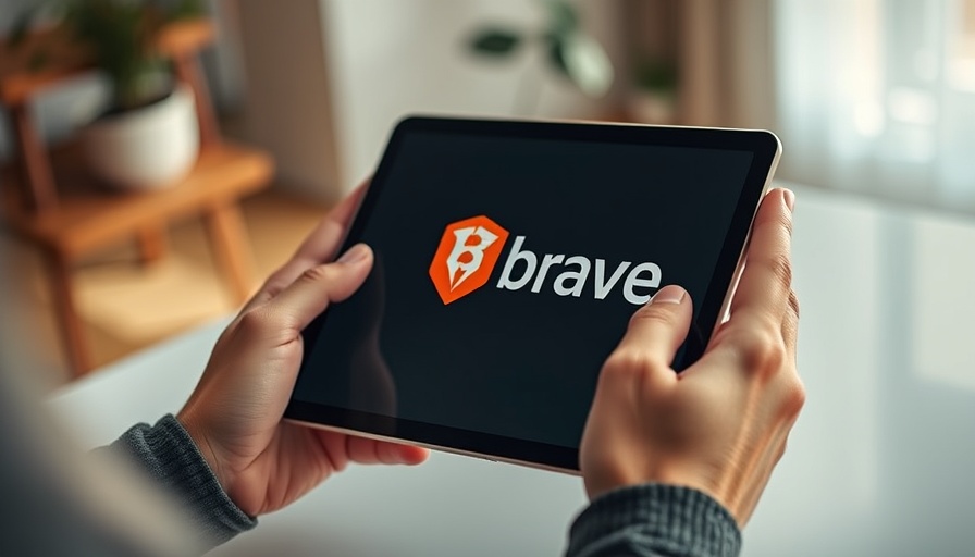Hands holding a tablet with Brave logo near AI Grounding API, indoors.