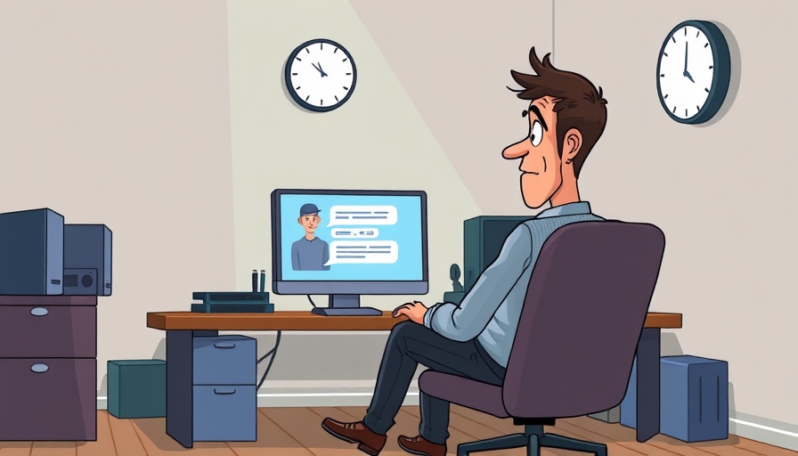 Cartoon of a man at 3 AM chatting with a helpful chatbot, medspa chatbots effectiveness.