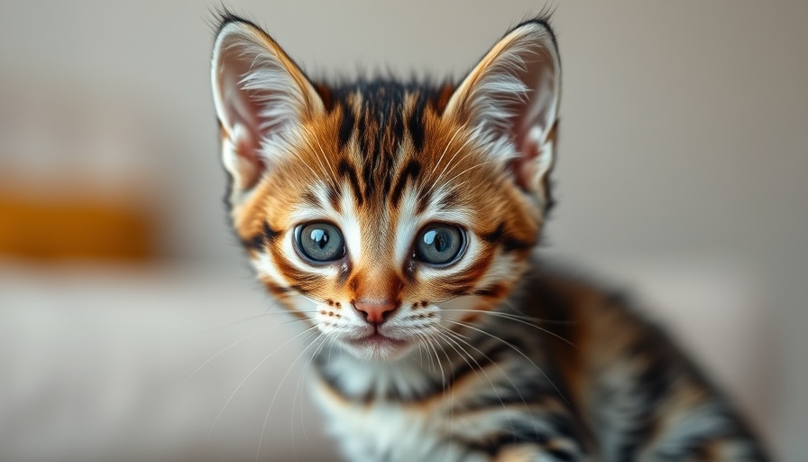 Adorable tabby kitten post-vet care surgery shows curiosity indoors.