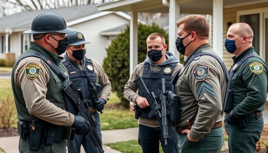 N.C. deputies in tactical gear with face coverings discussing outside a house.