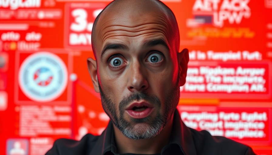 Surprised bald man with digital elements on red background, medspa marketing strategies.
