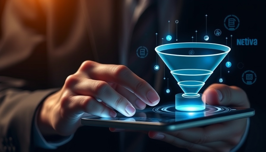 Digital sales funnel visualized above a tablet, B2B SEO trap concept.