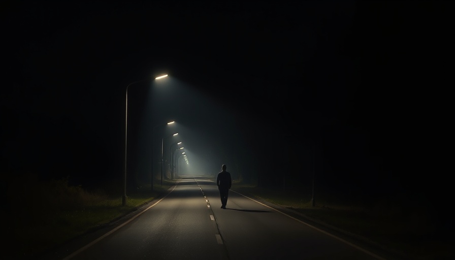 Dimly lit road at night with figure, police shootouts backdrop