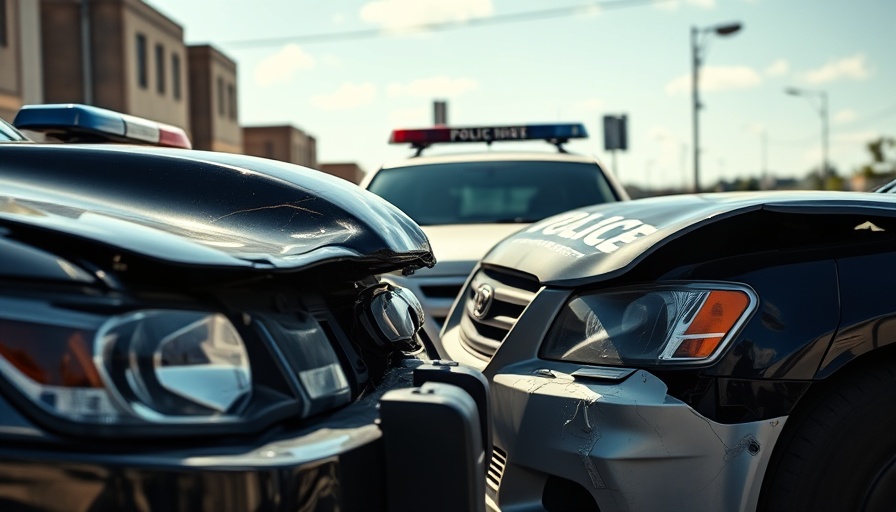Police vehicles involved in a collision, daytime scene.
