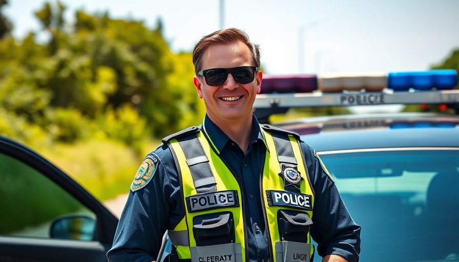 Officer builds community trust in policing by engaging with public, bright day.