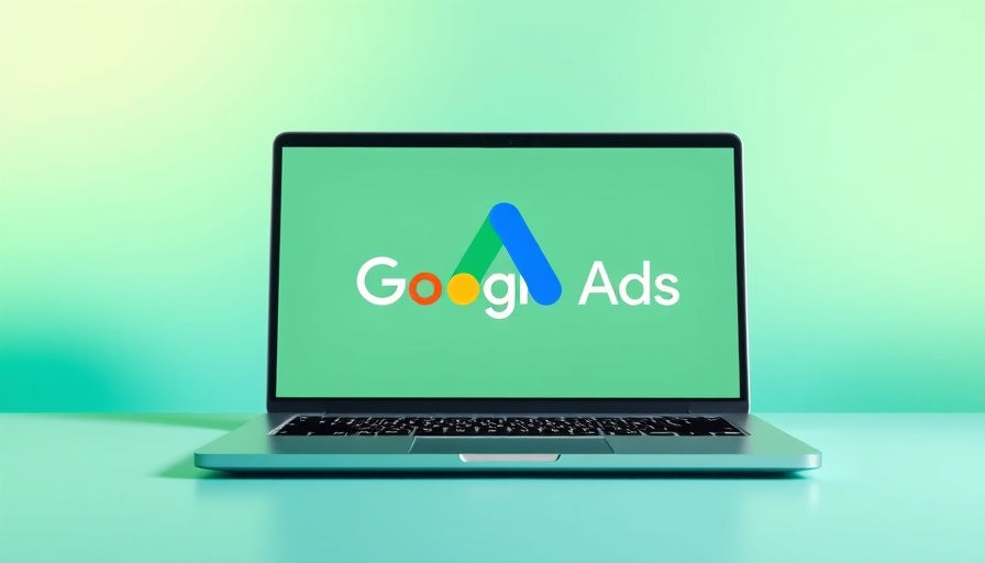 Laptop with Google Ads logo in a green setting, related to Search Partner Network reporting.