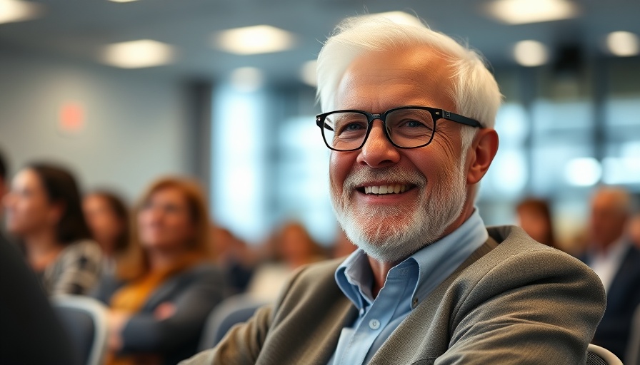 Elderly man smiling in a conference setting, MedSpa supply chain management insights.