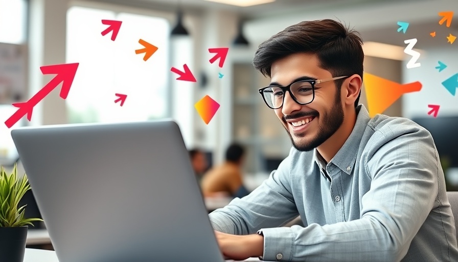 Young man focused on laptop, graphic design elements, website redesign strategy.