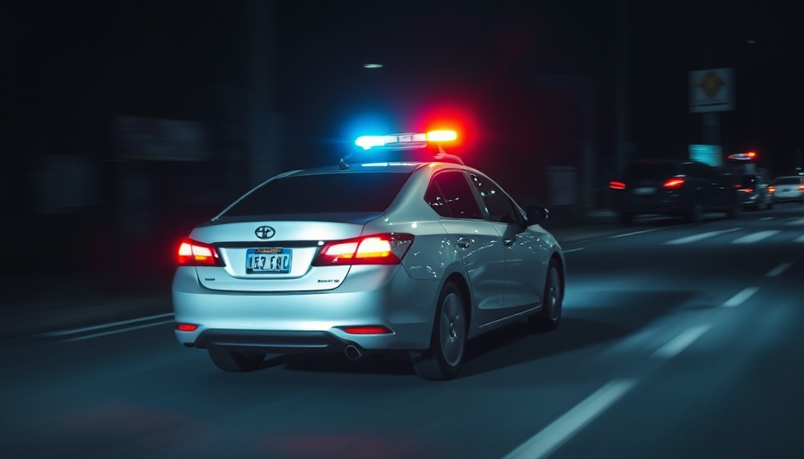 Blurry car image with police lights on a dark road, police news.