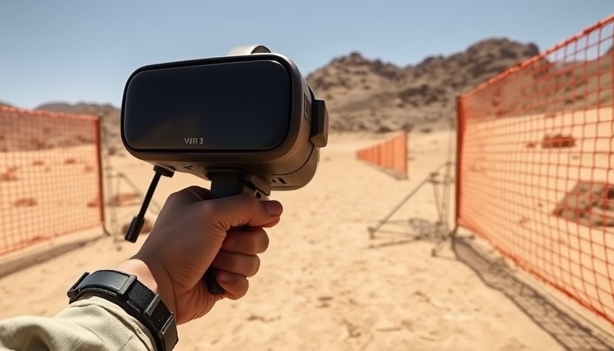 VR training setup with a virtual gun targeting in a desert range.