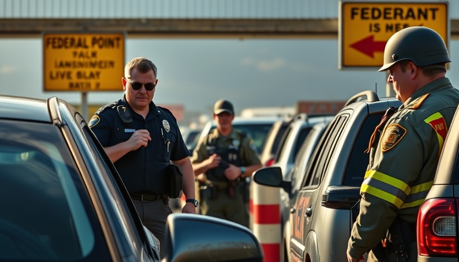Federal checkpoint with officers and vehicles, Fourth Amendment theme.