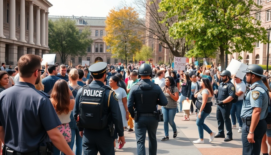 Students protesting on campus with police presence.