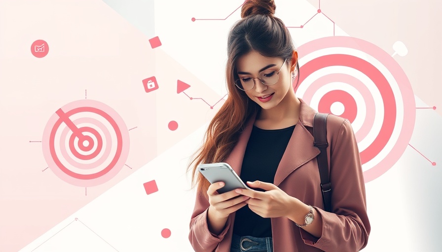 Stylish young woman finding target audience, abstract background.