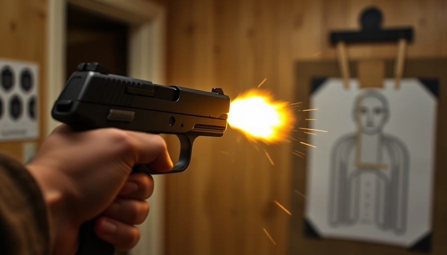 Handgun being fired at indoor range with muzzle flash, Police training and P320 ban.