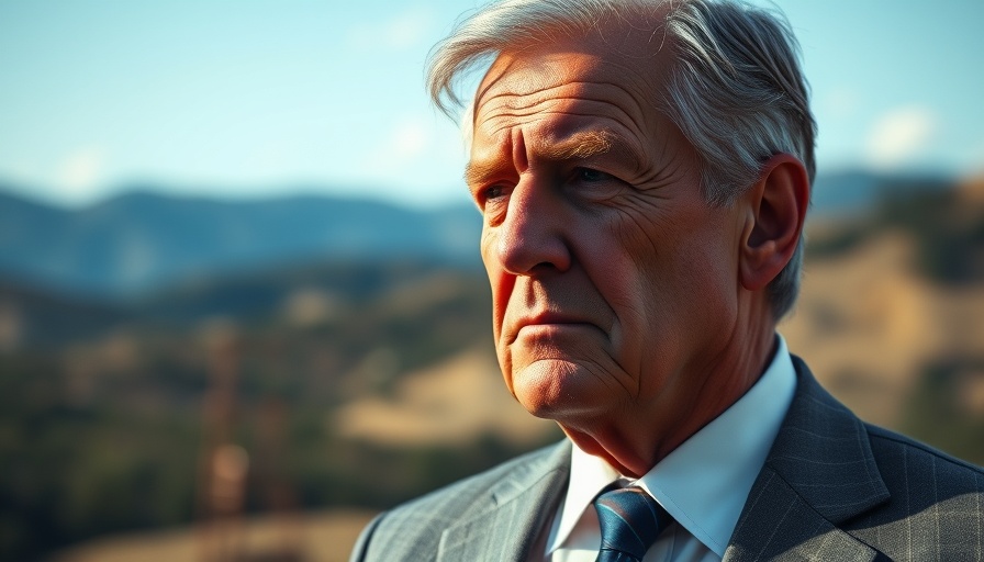 Contemplative older man in suit outdoors with blurred landscape.
