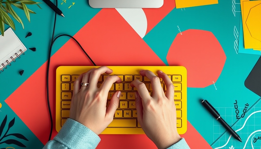 Colorful workspace with yellow keyboard and hands typing, representing creativity.