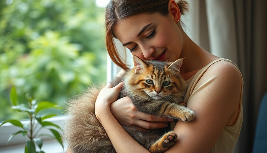 Woman comforting fluffy cat, addressing pet anxiety caregiver concerns.