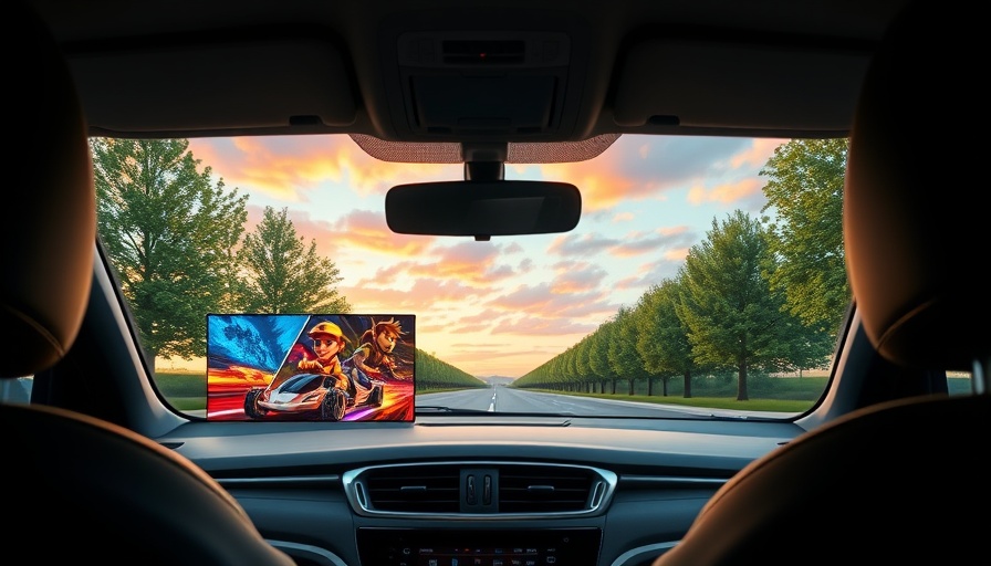 Car interior with game screen and sunset view.