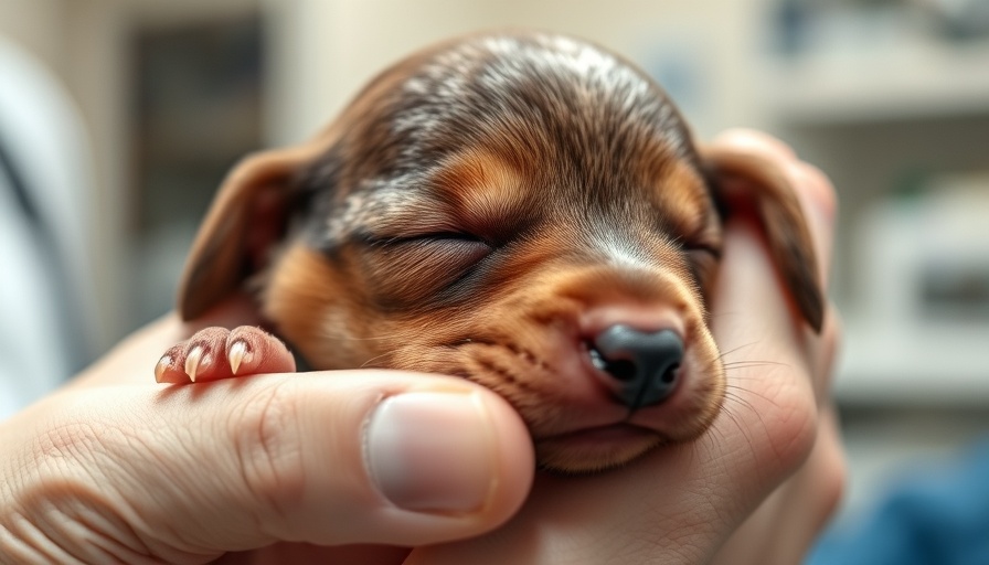 Newborn puppy gently held, highlighting veterinary neonatal care guidelines.