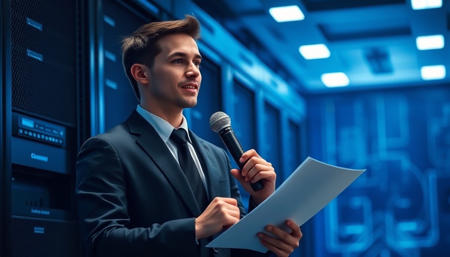 Young man speaking in digital server background, representing technology theme.