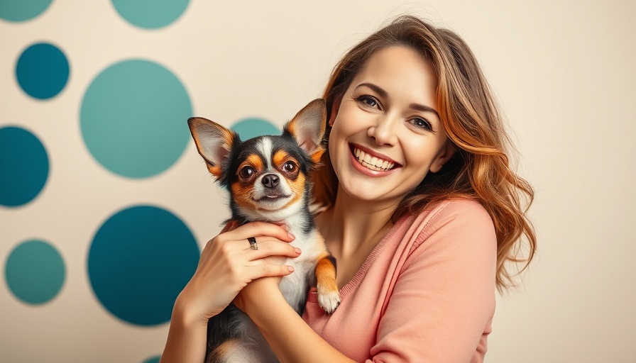 Video interview with smiling woman and Chihuahua, blue background.