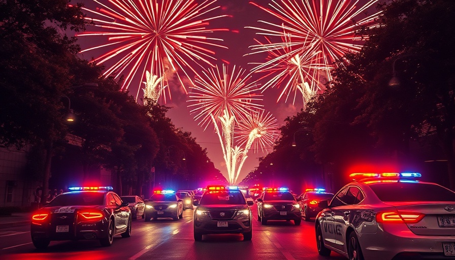 Police vehicles in action during a nighttime street takeover with fireworks.