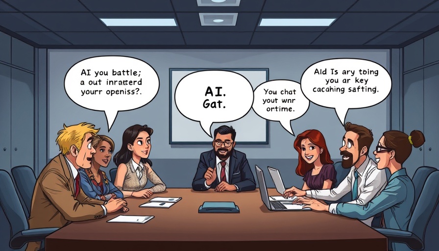 Humorous cartoon meeting on AI options in office board room, AI in Aesthetic Medicine.