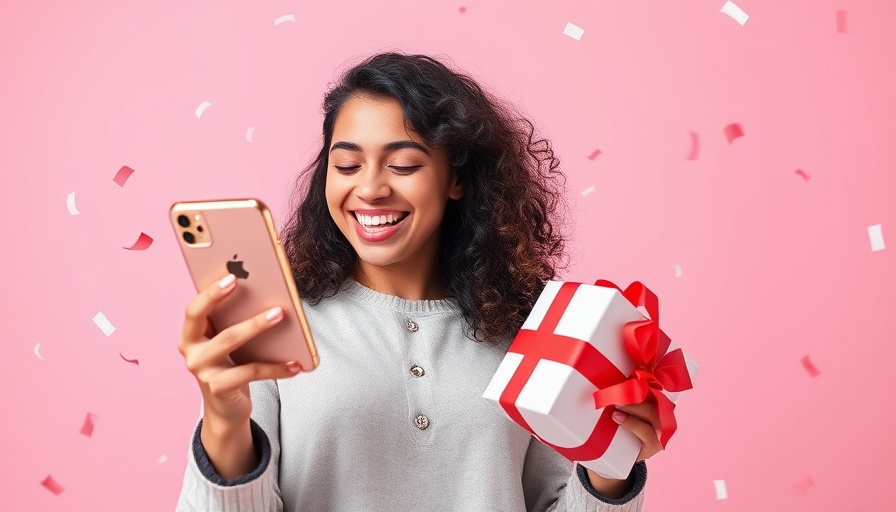 Celebratory scene with a woman and gift on a phone for Google Merchant loyalty offerings.