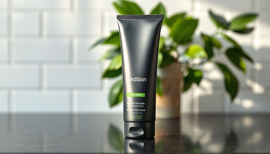 Elegant flexible packaging of conditioner on countertop with tile background.