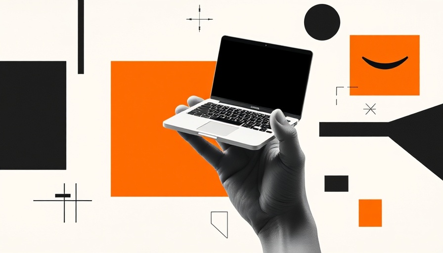 Minimalist collage of a hand holding a small laptop, AI chatbots for veterinary clinics concept.