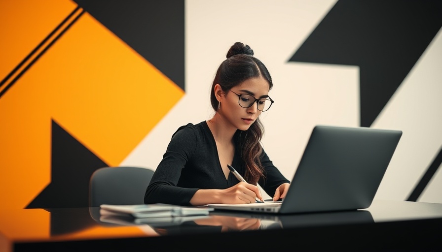 Focused young woman writing notes beside laptop, with abstract colorful geometric shapes.