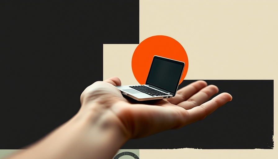 Surreal collage featuring a laptop on hand with graphic overlays, AI chatbots for marketers.