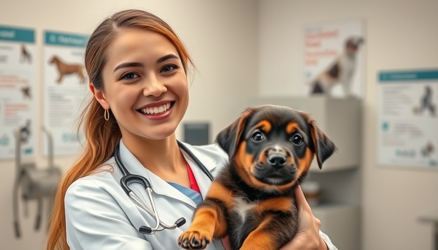 Young veterinarian with puppy at clinic, entrepreneurial veterinarians.