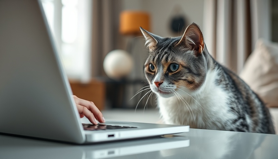 Cat observing person typing on laptop, hinting at veterinary practices.