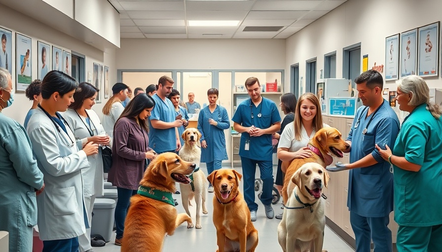 Veterinary clinic community engagement scene with veterinarians and pet owners.
