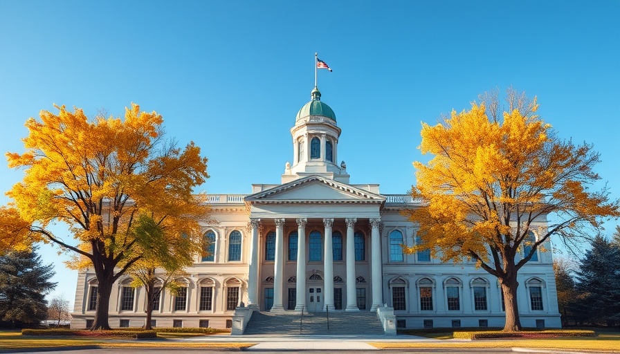 Neoclassical building with autumn trees, ban concealed carry on college campuses.
