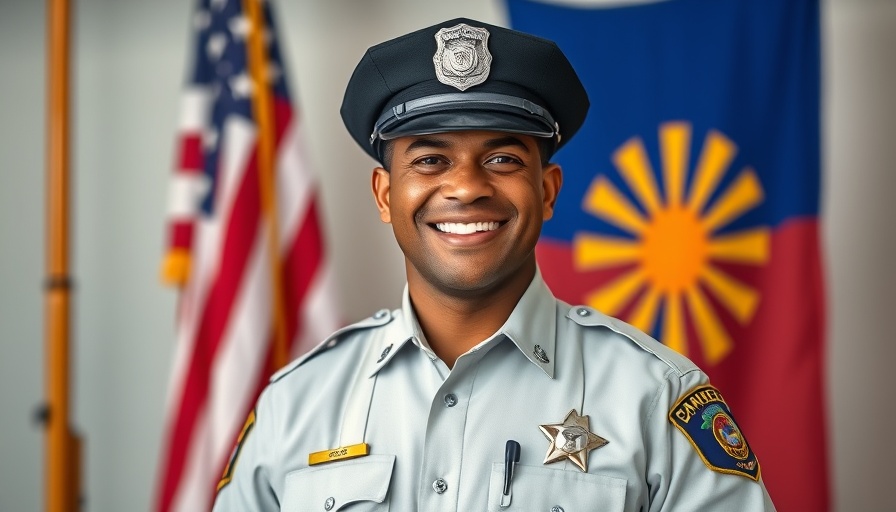 Arizona officer with American and Arizona flags discusses transnational crime strategies.