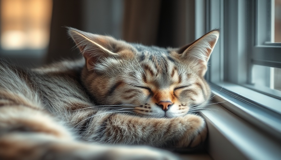 Content grey tabby cat sleeping by window, showcasing feline rehabilitation benefits.