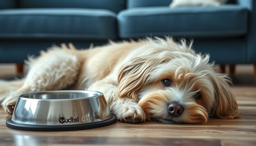 Senior dog resting by food bowl, highlighting senior pet nutrition.