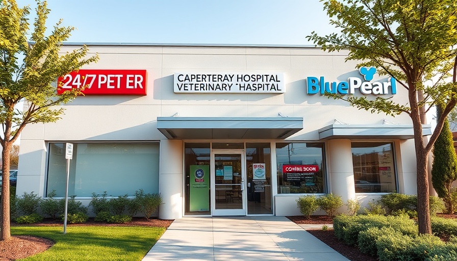 Modern veterinary hospital exterior showcasing expansion with 24-7 service.