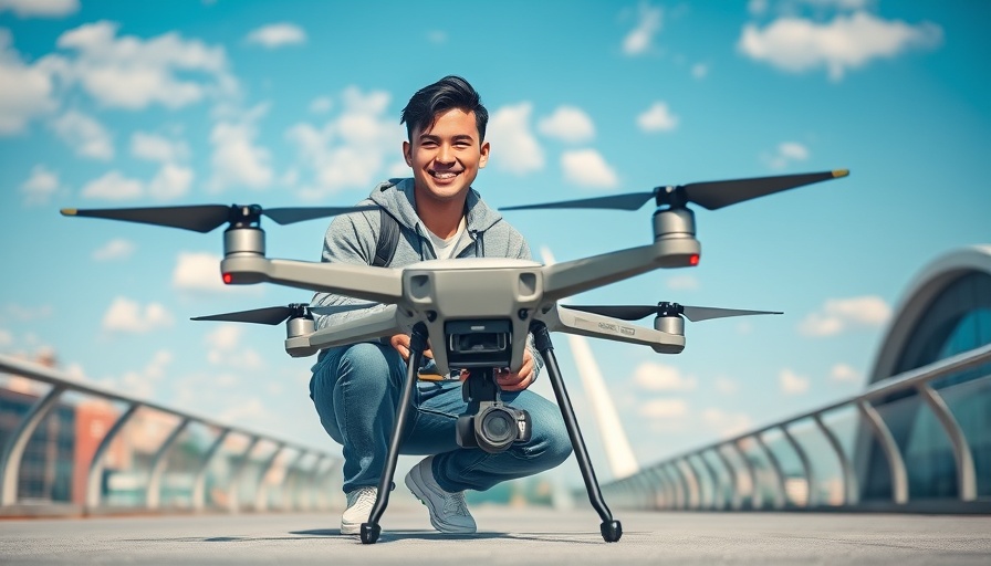 Man showcasing drone on bridge, highlighting Flock Safety crime-fighting technology